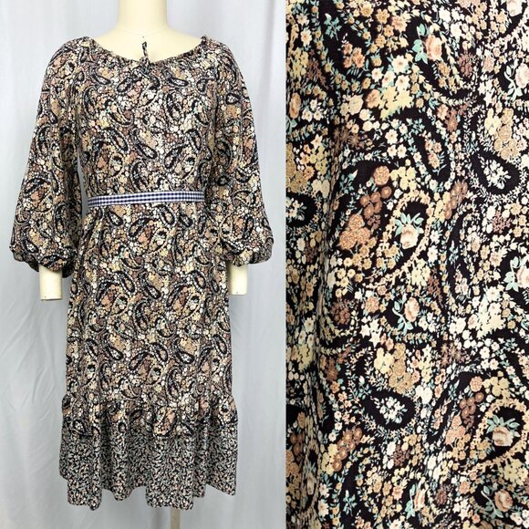 Vintage 70s calico paisley floral goth folk prairie tiered midi dress medium - Picture 1 of 3